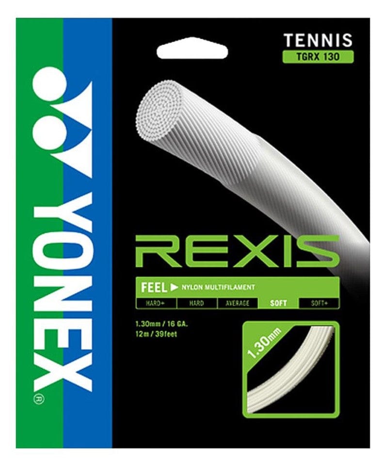 Packaging for Choose Strings by Tennis HQ showcases a close-up of the string and details specifications: 1.30mm diameter, 16 gauge, with a length of 12m/39ft. It emphasizes the soft feel of its nylon multifilament construction.