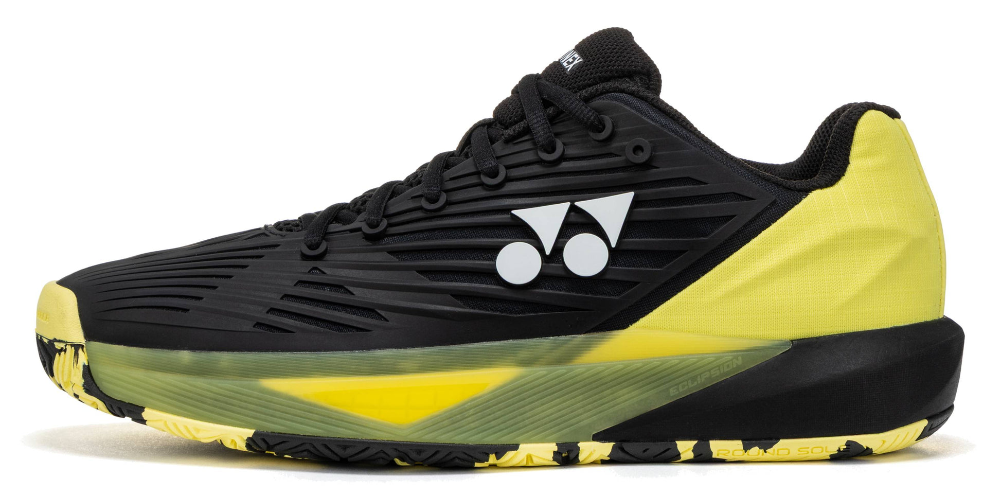 Displayed on a white background, the Yonex Power Cushion Eclipsion 5 Men’s Tennis Shoes in Black/Yellow feature a striking black and yellow design, a distinctive white Yonex logo on the side, black laces, and a textured sole—ideal for anyone seeking men’s tennis shoes known for superior stability, comfort, and performance on the court.