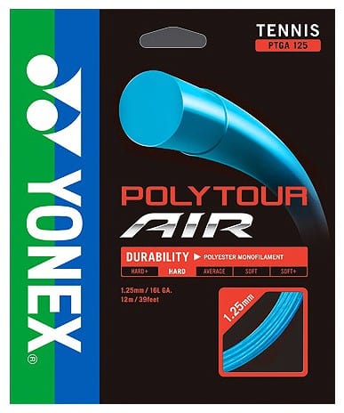 The packaging for Tennis HQ's Choose Strings features a blue string graphic set against a black background. The text emphasizes "durability" and specifies the string's gauge as 1.25mm/16L, with a length of 12m/39ft.