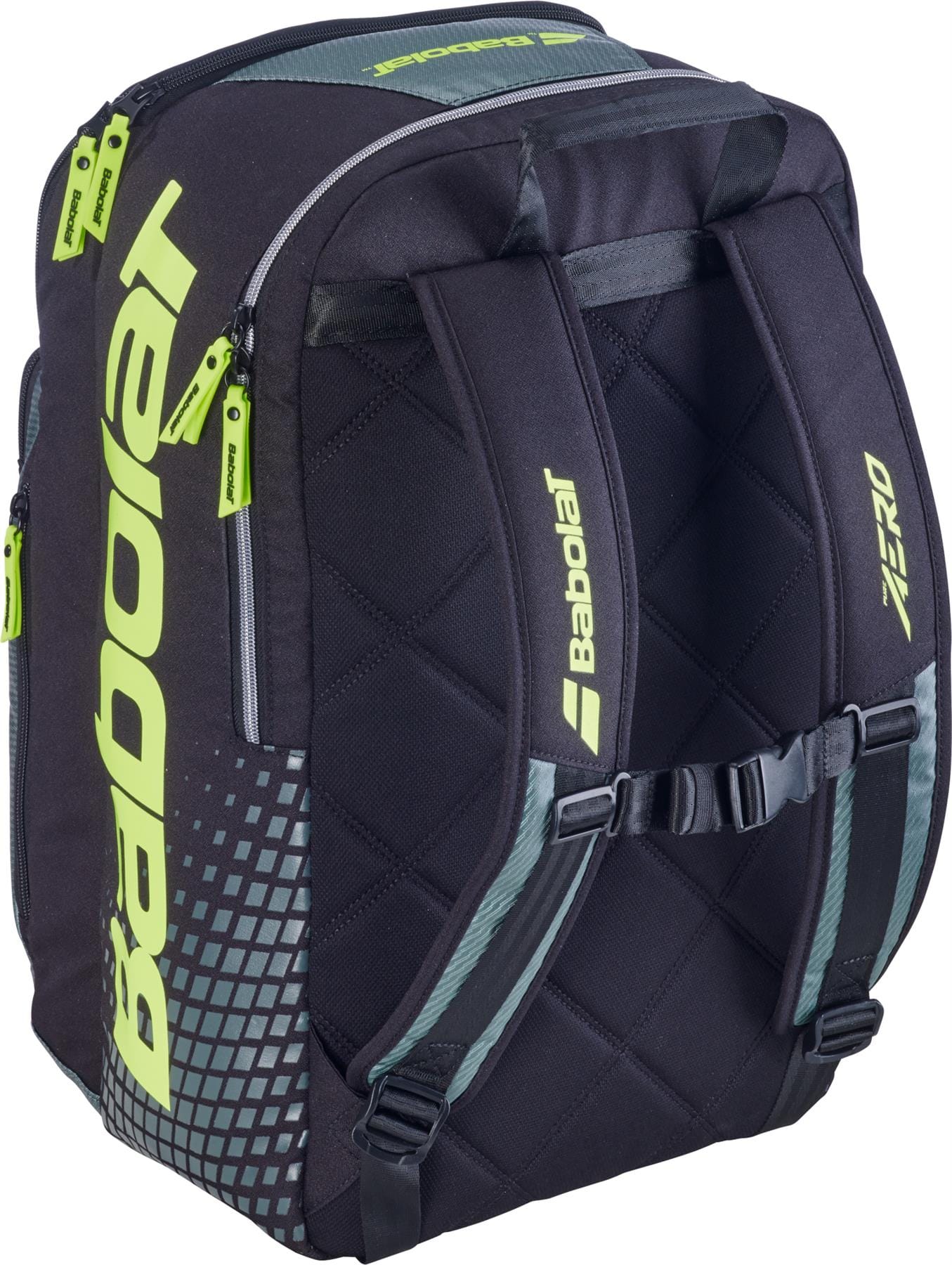 The Babolat Pure Aero 2026 Tennis Backpack in grey/yellow features quilted back padding, two green-accented straps, neon yellow zippers, dedicated racket storage, and bold "Babolat" branding on the side.