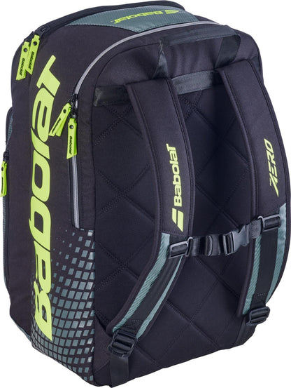 The Babolat Pure Aero 2026 Tennis Backpack in grey/yellow features quilted back padding, two green-accented straps, neon yellow zippers, dedicated racket storage, and bold "Babolat" branding on the side.