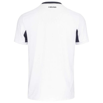 Introducing the HEAD Slice Men's Tennis T-Shirt in white, showcasing black side panels and the "HEAD" logo prominently displayed at the top center on the back. Designed with Moisture Transfer Microfiber, this shirt provides ultimate comfort. Its sleek design is accentuated against a white background.