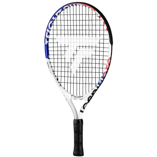 The Tecnifibre T-Fight Club 19 Junior Tennis Racket - White by Tecnifibre boasts a white frame highlighted with red and blue accents, a black grip, and is made with aluminium for a lightweight design. The strings create a pattern featuring the iconic logo at the center.