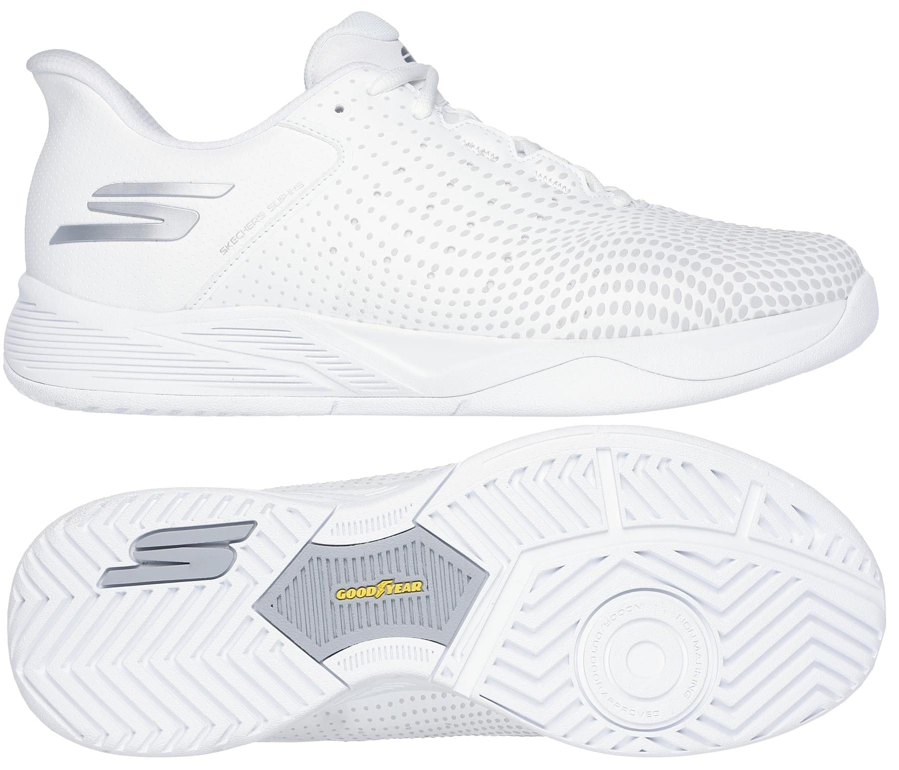 Two views of the Skechers Viper Court Reload Slip Ins Relaxed Fit Tennis Shoes in white: a side profile displays its sleek perforated upper, while the sole view reveals a patterned Goodyear Rubber tread with "Goodyear" branding.