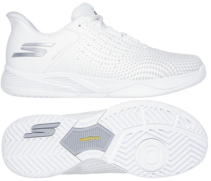 Two views of the Skechers Viper Court Reload Slip Ins Relaxed Fit Tennis Shoes in white: a side profile displays its sleek perforated upper, while the sole view reveals a patterned Goodyear Rubber tread with "Goodyear" branding.