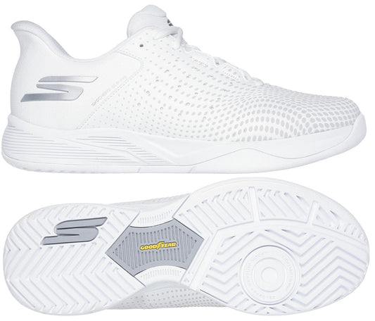 Two views of the Skechers Viper Court Reload Slip Ins Relaxed Fit Tennis Shoes in white: a side profile displays its sleek perforated upper, while the sole view reveals a patterned Goodyear Rubber tread with "Goodyear" branding.