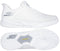Two views of the Skechers Viper Court Reload Slip Ins Relaxed Fit Tennis Shoes in white: a side profile displays its sleek perforated upper, while the sole view reveals a patterned Goodyear Rubber tread with "Goodyear" branding.