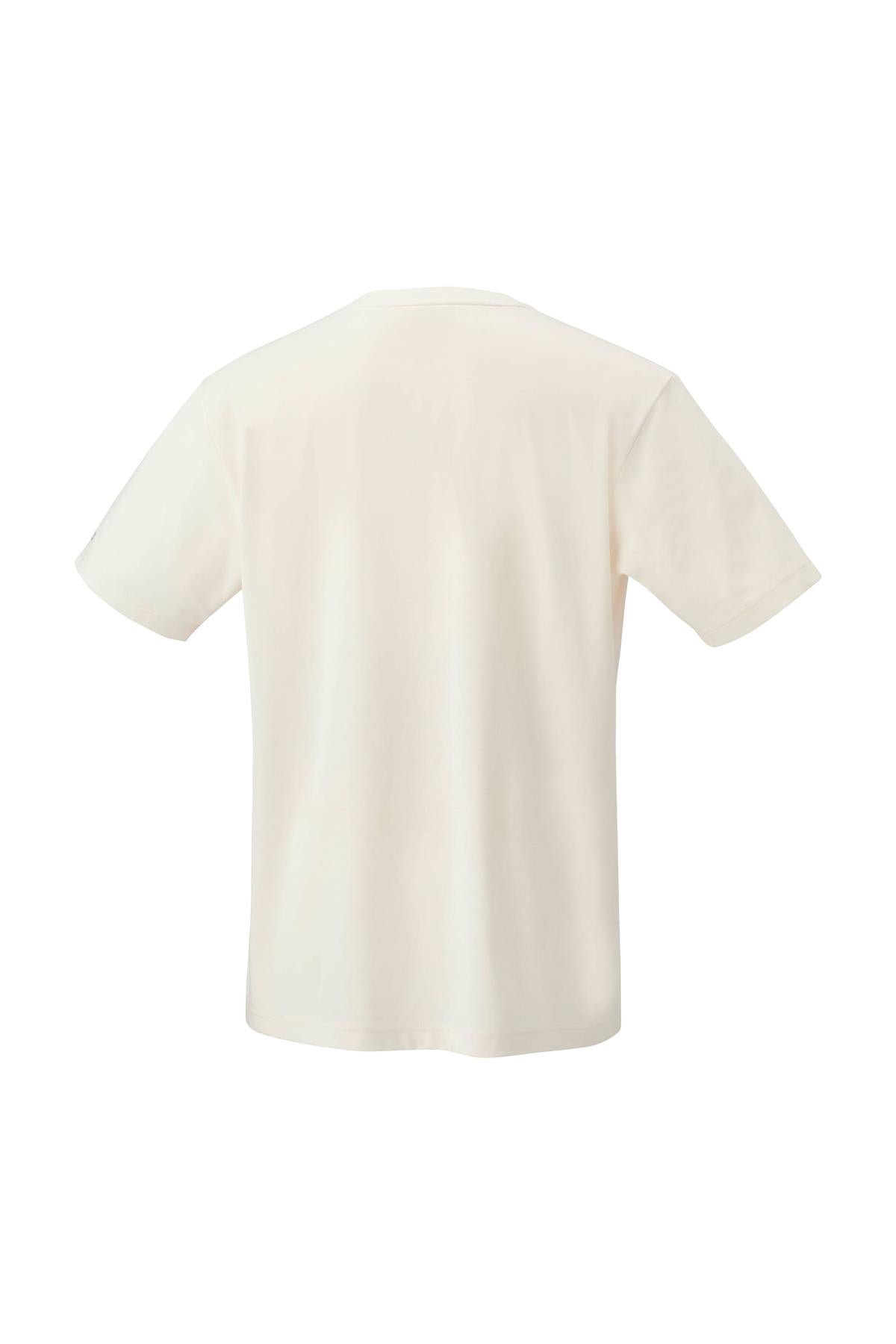 Displayed against a white background, the Yonex Nature Series 16702 T-Shirt in off white is seen from the back. Made from recycled polyester, this shirt offers short sleeves and combines a simple, classic design with UV reduction properties.