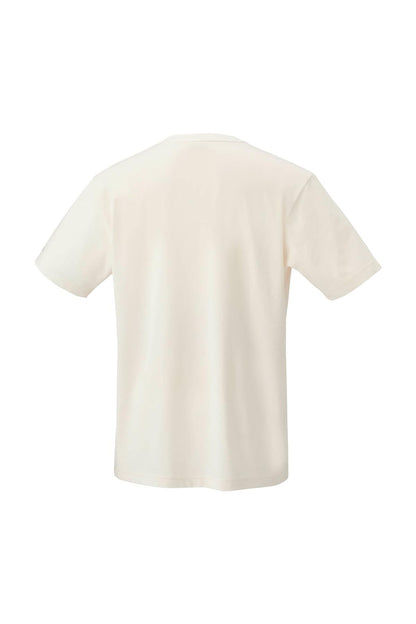Displayed against a white background, the Yonex Nature Series 16702 T-Shirt in off white is seen from the back. Made from recycled polyester, this shirt offers short sleeves and combines a simple, classic design with UV reduction properties.