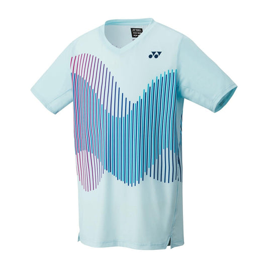 Presenting the Yonex 10562 Crew Neck Men's Tennis T-Shirt in a stunning Crystal Blue, this shirt features a unique colorful wave design on the front with vertical lines in shades of purple, pink, and blue. It incorporates Yonex's VeryCool technology for UV protection, sports a small logo on the chest, and is designed with a V-neck and short sleeves for added comfort.