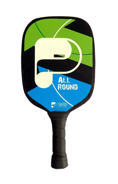The Pickleball United All Round 2 Player Pickleball Set features a paddle with a black handle and a face decorated with green, black, and blue geometric shapes plus “ALL ROUND” printed on it.