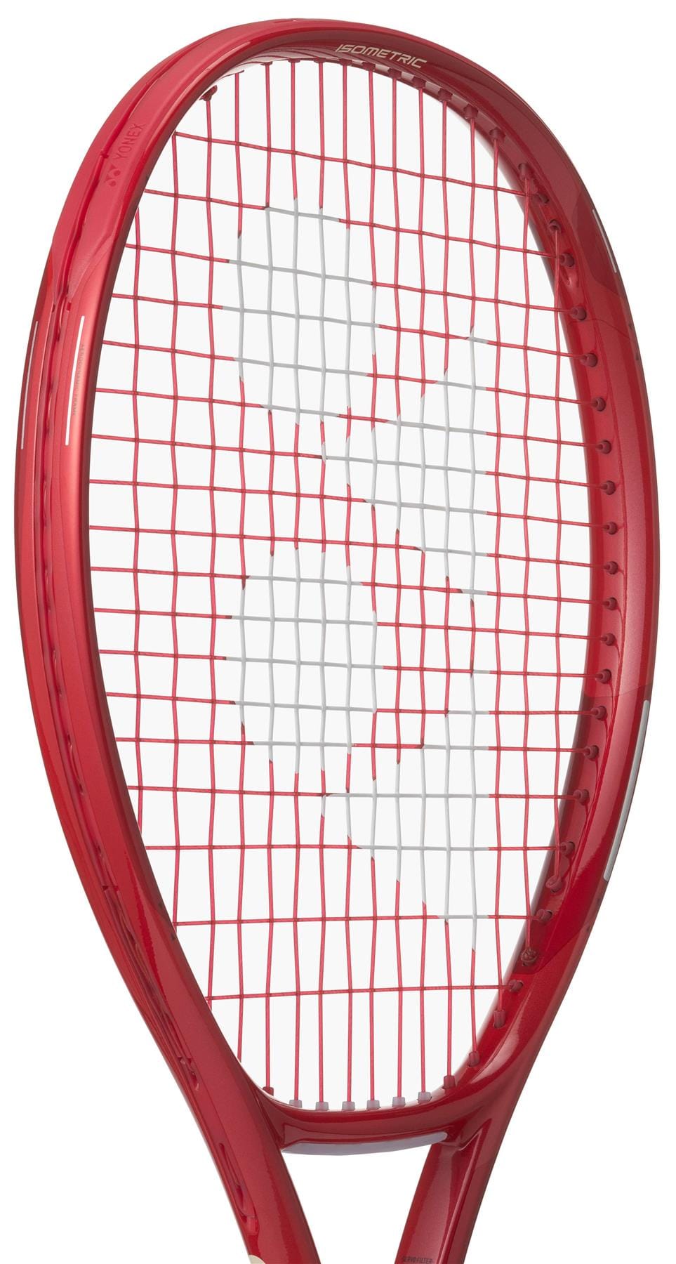 A close-up of the Yonex VCORE Alpha Ruby Red 2026 Tennis Racket shows white strings and a bold white logo with ISOMETRIC technology, set against a white background.