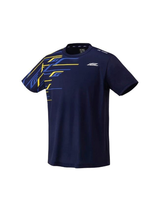 Discover the Yonex 16737EX Lee Chong Wei LCW T-Shirt in navy blue, highlighted by diagonal yellow and blue stripes across the right shoulder and chest. Enhanced with UV Reduction technology, this athletic T-shirt features a small logo on the left chest and another on the right sleeve.