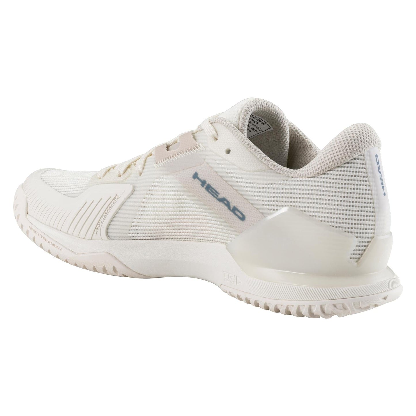 The HEAD Sprint Pro Women's Tennis Shoes in Chalk White/Twilight Blue feature a mesh design with a logo on the side. They offer textured grip, reinforced heel support, lightweight comfort, sleek lines, light gray accents, and modern styling for advanced players.