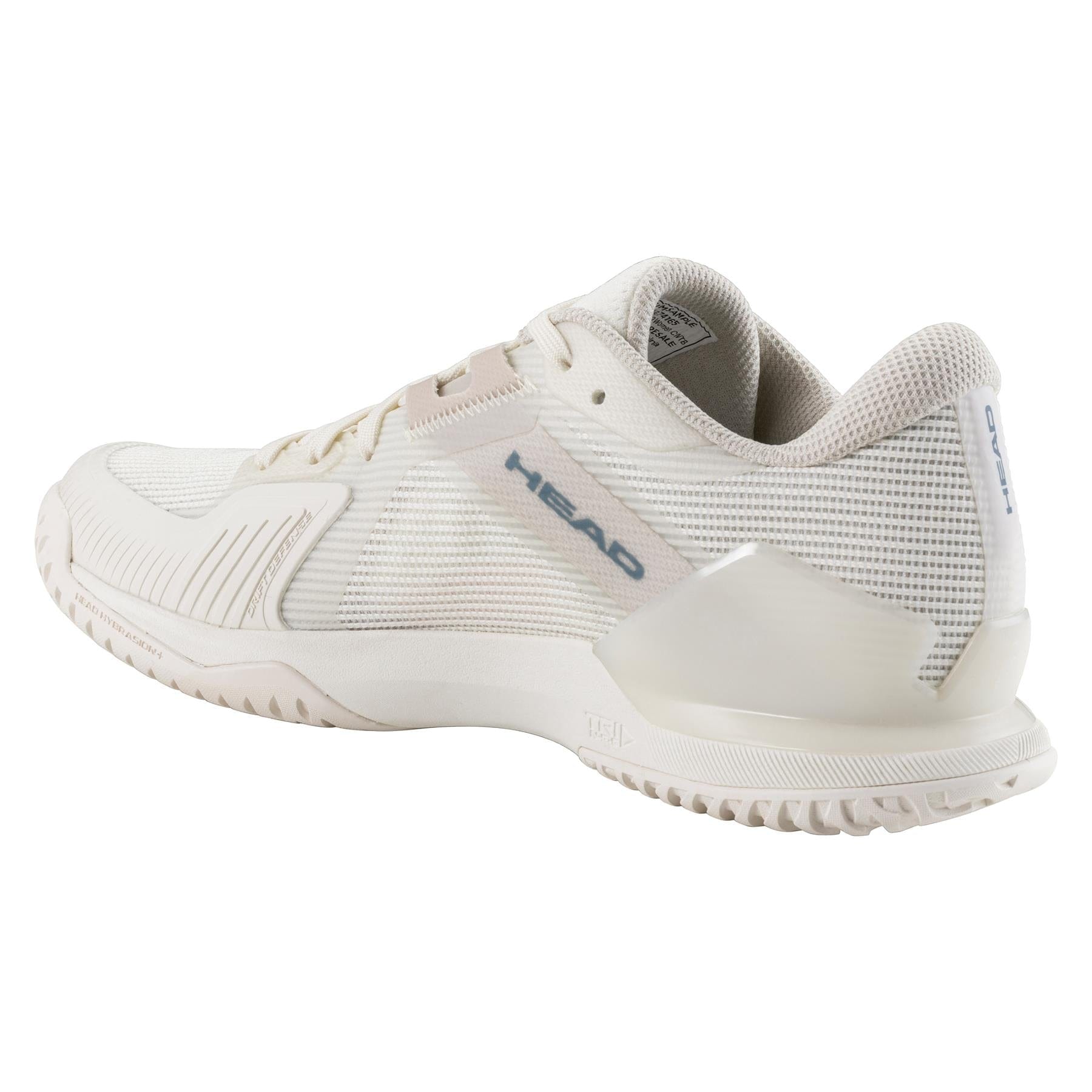 The HEAD Sprint Pro Women's Tennis Shoes in Chalk White/Twilight Blue feature a mesh design with a logo on the side. They offer textured grip, reinforced heel support, lightweight comfort, sleek lines, light gray accents, and modern styling for advanced players.