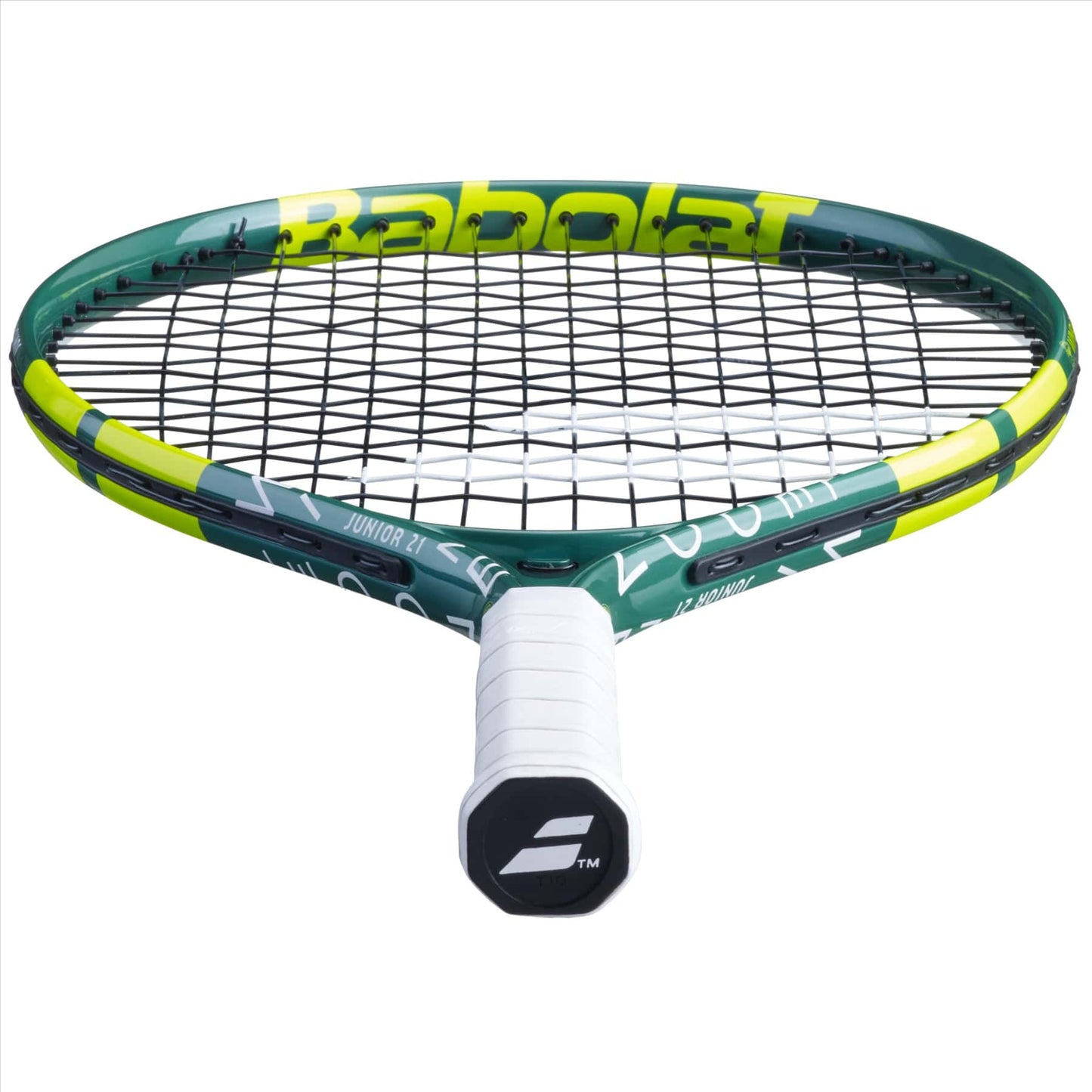A close-up view of a Babolat Wimbledon 21 Junior Tennis Racket in green, featuring black strings and a white handle. The brand name is prominently displayed on the frame, underscoring its premium design.
