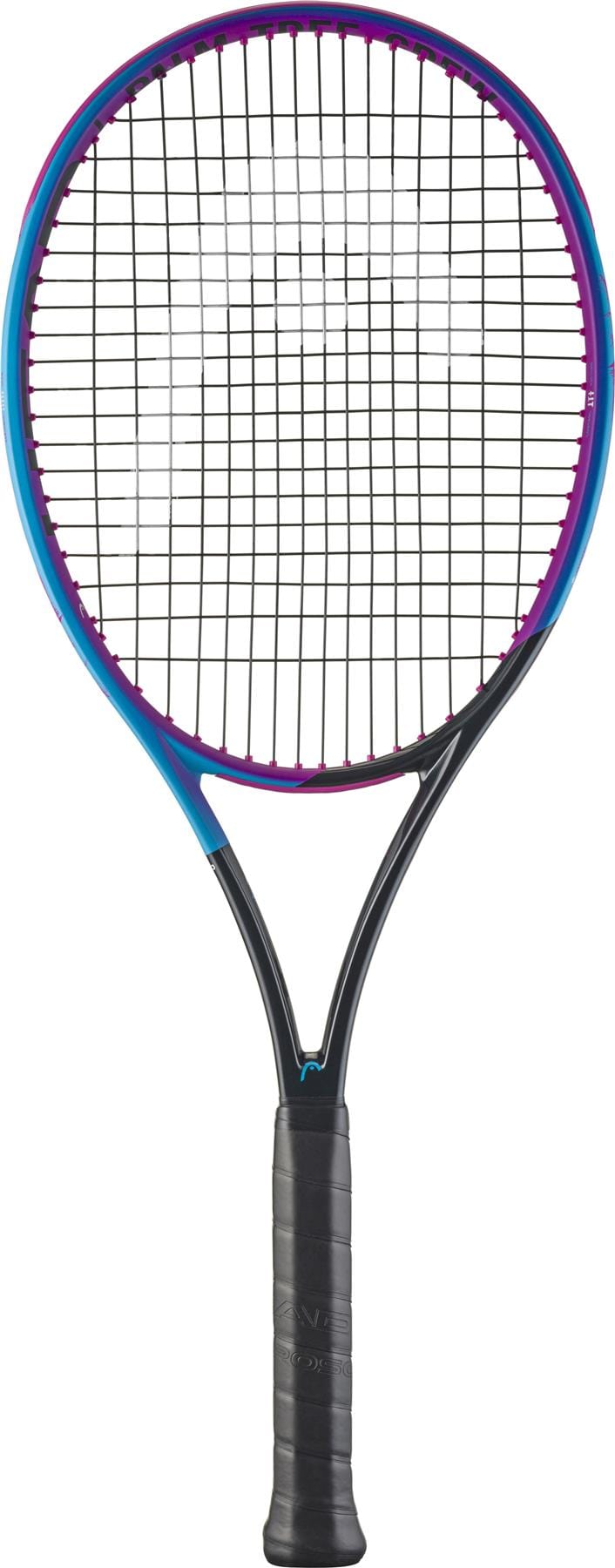 The HEAD Radical MP Palm Tree Crew Tennis Racket features a black handle, black strings, and a blue and pink frame. Displayed on a white background.