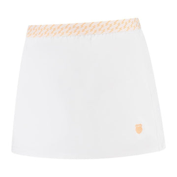 The K-Swiss Hypercourt Women's Tennis Skirt 5 - White boasts a white design highlighted by a subtle yellow lightning bolt pattern on the elastic waistband and is adorned with a small yellow shield logo near the hem. Engineered by K-Swiss, it features 4-Way Density Stretch to enhance movement on the court.