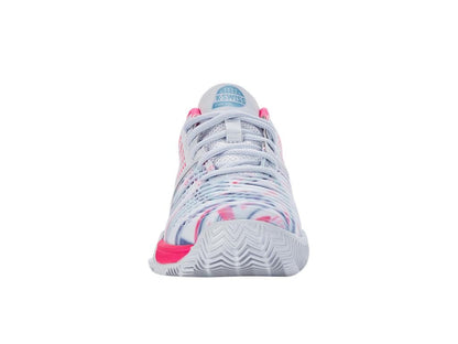 Front view of the K-Swiss Express Light 3 HB Indoor Court Women's Tennis Shoes, featuring an Arctic and white base with neon pink accents. Designed for tennis players, these shoes have a textured sole and visible laces, set against a plain white background.