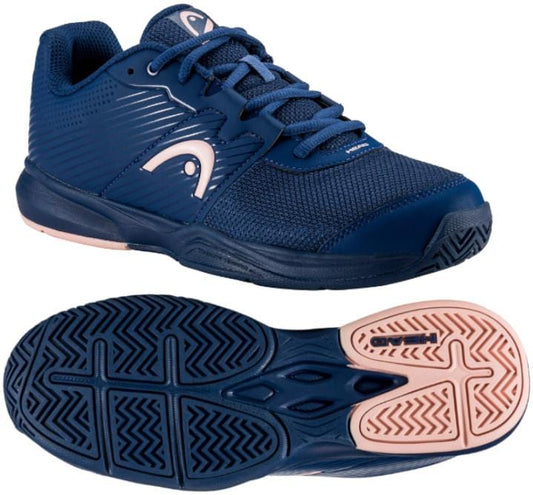 A close-up of the HEAD Revolt Court Women Tennis Shoes in Blue/Rose highlights their lightweight comfort, ideal for women's tennis.