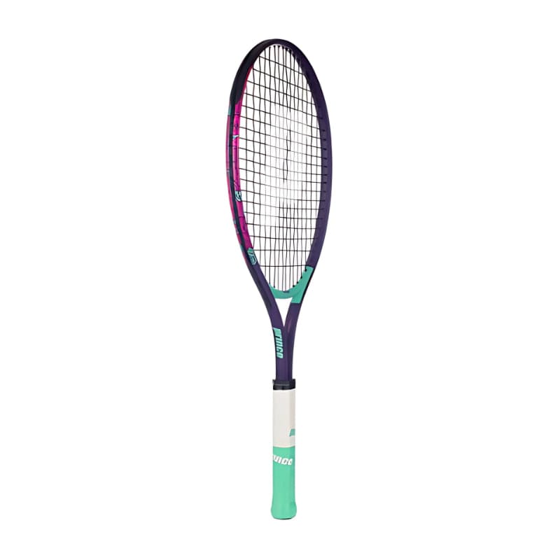 The Prince Ace/Face 26 2025 Junior Tennis Racket by Prince features a black, pink, and teal frame with white strings and a white-teal handle, displayed upright against a plain white background.