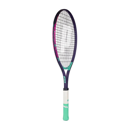 The Prince Ace/Face 26 2025 Junior Tennis Racket by Prince features a black, pink, and teal frame with white strings and a white-teal handle, displayed upright against a plain white background.