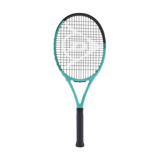 The Dunlop Tristorm Pro 255 Tennis Racket - Teal, ideal for beginner players, showcases a stylish teal frame complemented by a black grip and strings, all set against a crisp white background.