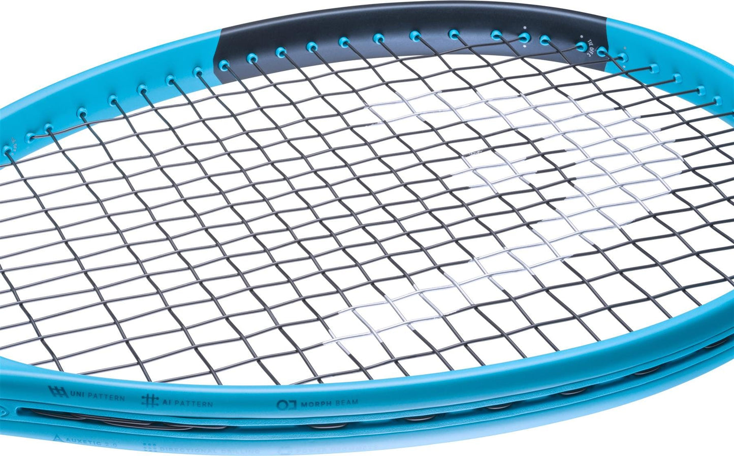 Close-up of the HEAD Boom MP 2026 Tennis Racket by HEAD, featuring black and white strings on a blue frame with a black top edge, set against a white background for a dynamic look.