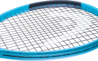 Close-up of the HEAD Boom MP 2026 Tennis Racket by HEAD, featuring black and white strings on a blue frame with a black top edge, set against a white background for a dynamic look.