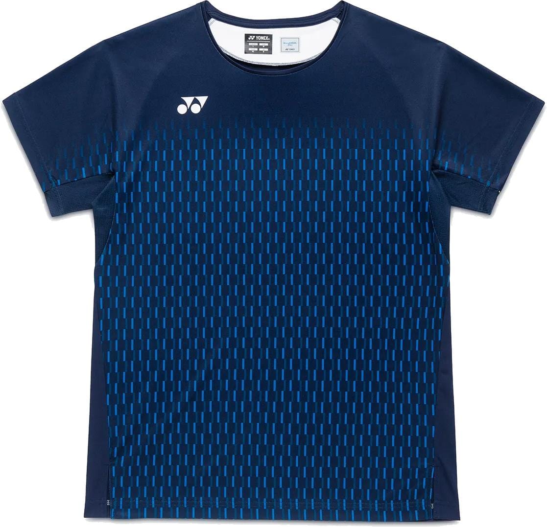 The Yonex 10713EX Crew Neck Men’s Tennis T-Shirt in Dark Navy features a subtle vertical blue pattern, superior moisture management, and a small white Yonex logo on the left chest.