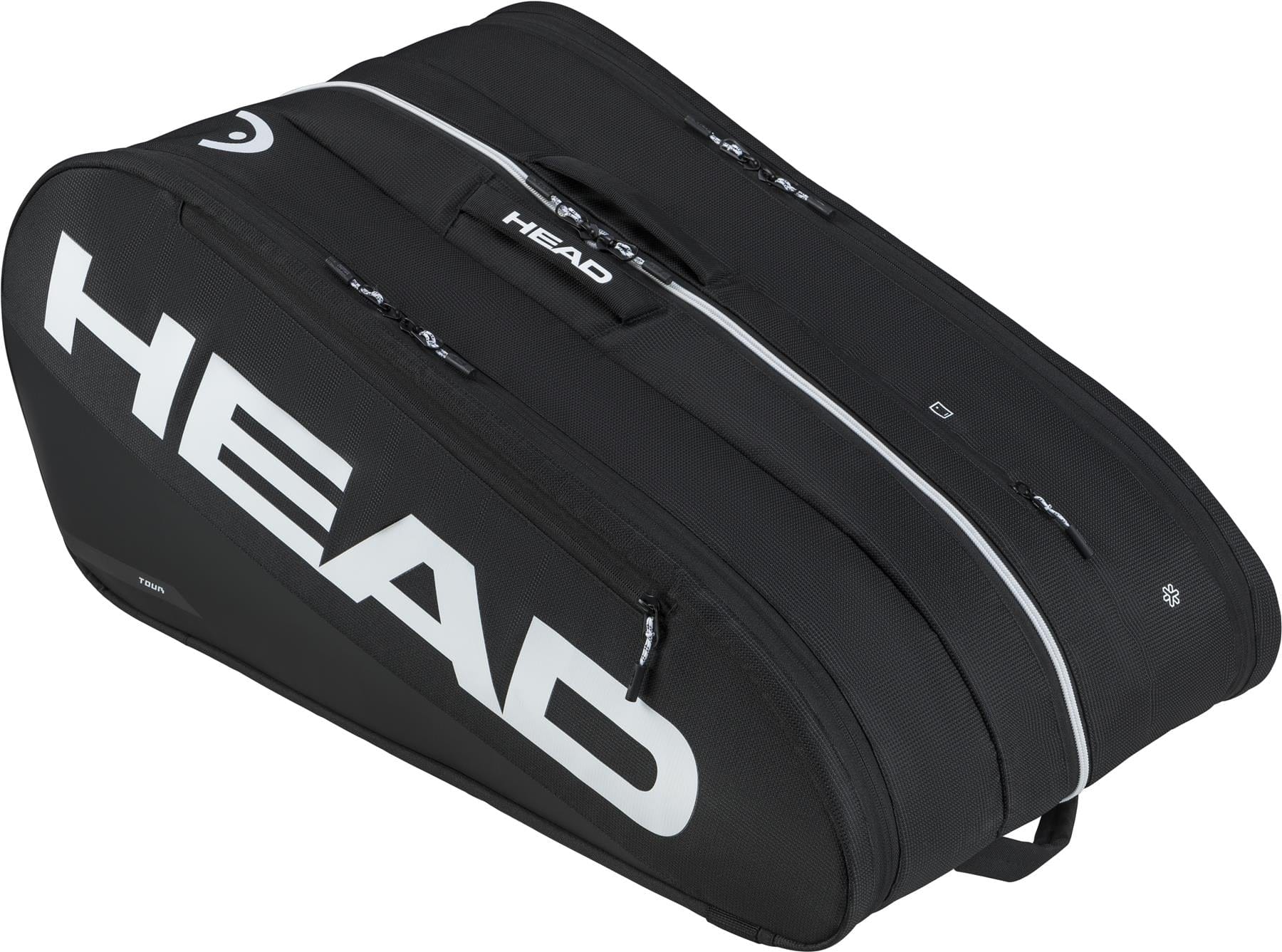 The HEAD Tour 12 Racket Tennis Bag XL - Black by HEAD features multiple zippered compartments, white branding, and a structured, spacious design to hold racquets and gear.