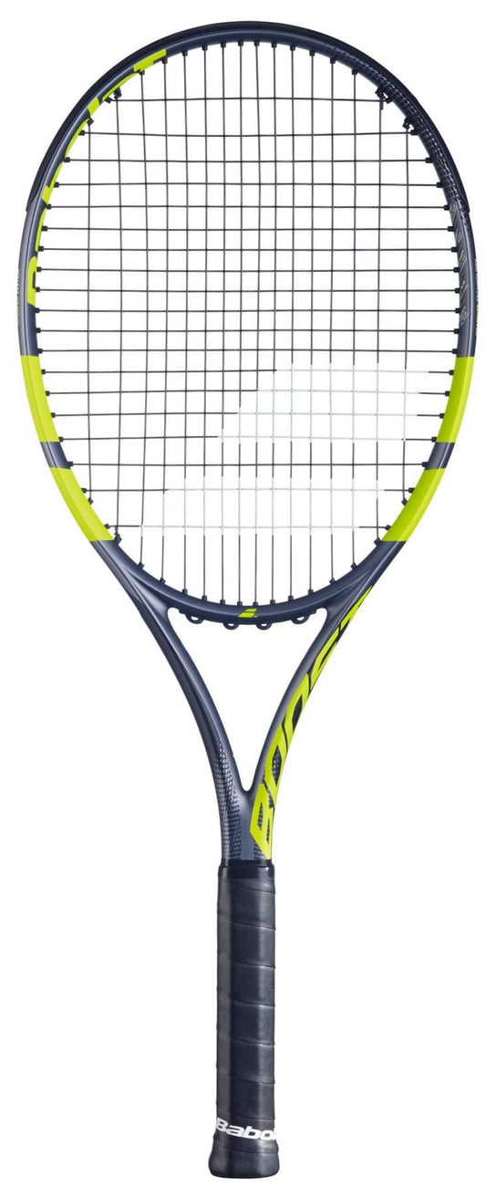 The Babolat Boost Aero 2026 Tennis Racket, featuring a black and yellow design with a black grip, is shown upright against a white background—perfect for entry level players.