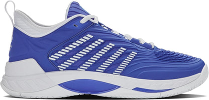 The K-Swiss Hypercourt Supreme 2 Mens Tennis Shoes in Dazzling Blue/White/Baltic Sea feature white laces, a white sole, horizontal stripes, and textured details for lightweight comfort on the court.