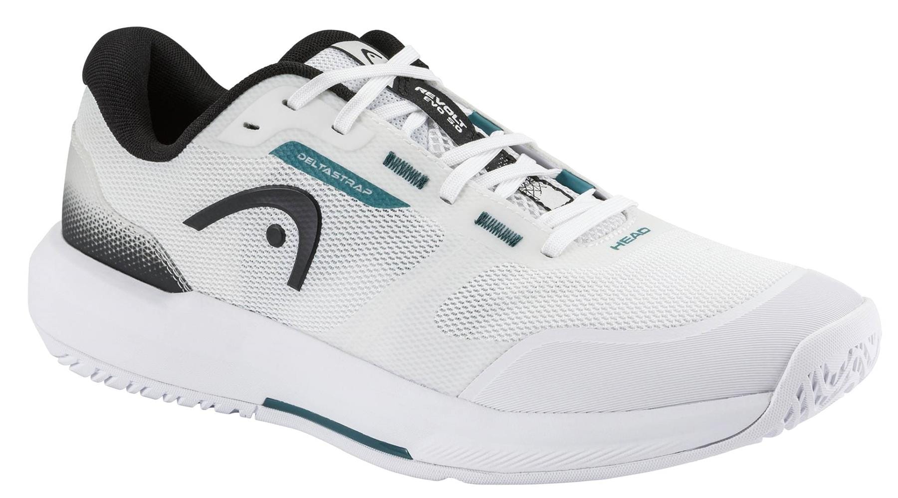 The HEAD Revolt Evo 5.0 Men's Tennis Shoes in white/black feature a mesh upper with teal accents, black heel detail, white laces, textured sole, and the HEAD logo on the side—ideal for comfort on the tennis court.