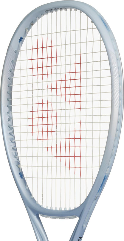 A close-up of the Yonex Muse 100 Tennis Racket by Yonex, featuring a light blue frame, white strings, and a red logo on the stringbed—ideal for easy rallying and maximum comfort on the court.