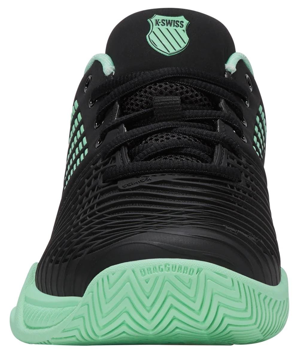 Front view of the K-Swiss Express Light 3 Women's Tennis Shoes in Black/Neon Mint/Pastel Pink, showing mint green details, textured patterns, and "DragGuard"—lightweight K-Swiss shoes designed for court-ready tennis performance.