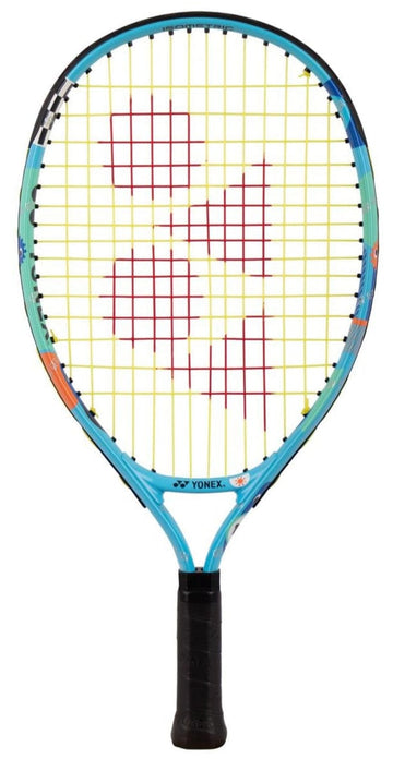 The Yonex Junior 19 Ocean Blue Tennis Racket, featuring a black handle, yellow strings, and a red Yonex logo on the strings, is displayed against a white background—ideal for young beginners.