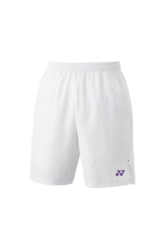 Introducing the Yonex 15164 Men's Tennis Shorts in white, designed with an elastic waistband and adorned with a purple logo on the lower left side. These athletic shorts feature convenient side pockets and utilize VeryCool technology to ensure comfort. They are presented against a plain white background.