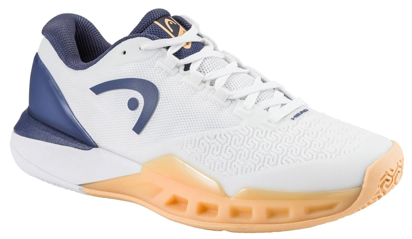 The HEAD Revolt Pro 5.0 Womens Tennis Shoes in White/Apricot feature a mesh upper, textured sole, and branded logos—ideal for women seeking stylish, durable performance on the court.