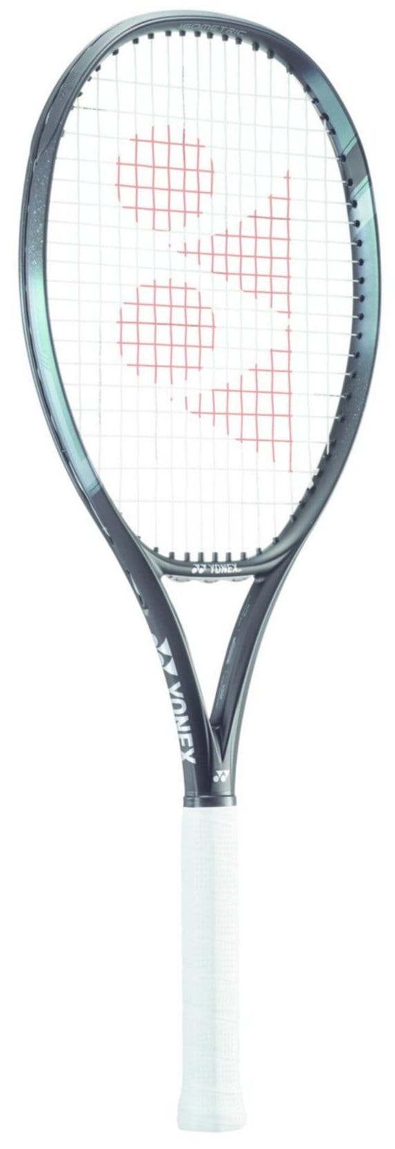 The Yonex EZONE 100L Tennis Racket in Aqua Night Black features a stylish black frame paired with a crisp white grip, and the strings display a unique red logo design.