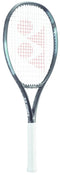 The Yonex EZONE 100L Tennis Racket in Aqua Night Black features a stylish black frame paired with a crisp white grip, and the strings display a unique red logo design.
