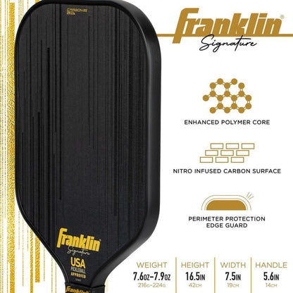 The Franklin Carbon STK 14.5mm Pickleball Paddle - Black features a carbon fiber surface, enhanced polymer core, perimeter protection edge guard, and is USA Pickleball approved. Specs: 7.6–7.9 oz, 16.5" height, 7.5" width, 5.6" handle.
