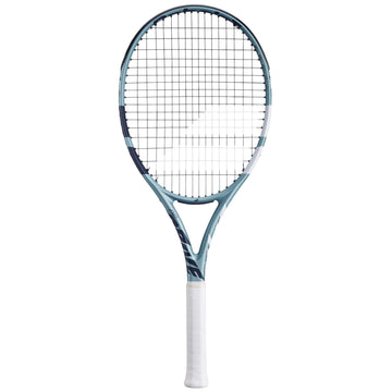 The Babolat EVO Drive Lite Gen 2 Tennis Racket in blue is displayed vertically with its white grip, string pattern, and frame visible against a plain white background.
