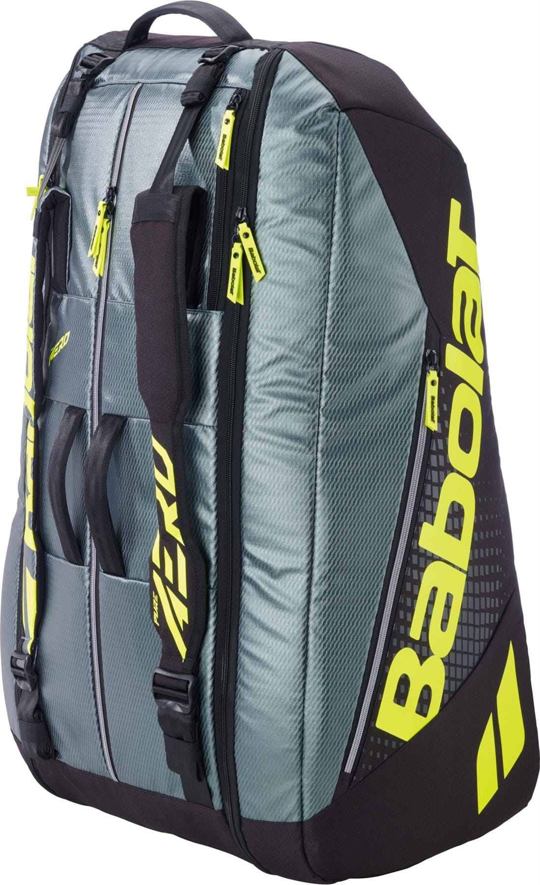 The Babolat RH12 Pure Aero 12 Racket Tennis Bag in grey/yellow features multiple compartments, yellow zippers, bold yellow Babolat branding, and convenient handles.