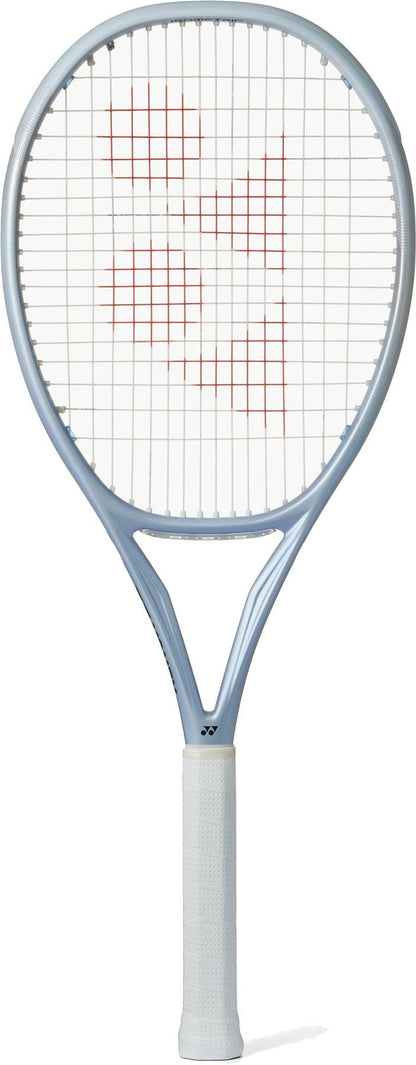 The Yonex Muse 100 Tennis Racket features a white grip, light gray Synchro Frame, and strings with a red "YY" logo—built by Yonex for stress-free rallying and precise control on the court.