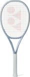 The Yonex Muse 100 Tennis Racket features a white grip, light gray Synchro Frame, and strings with a red "YY" logo—built by Yonex for stress-free rallying and precise control on the court.