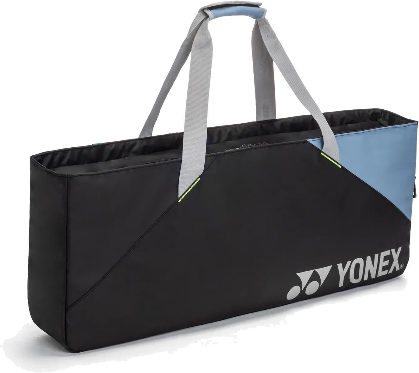 The Yonex BA52531EX Club Tournament Tennis Bag in black/blue features gray handles and a white Yonex logo, offering a stylish and practical solution for carrying your tennis or badminton gear.