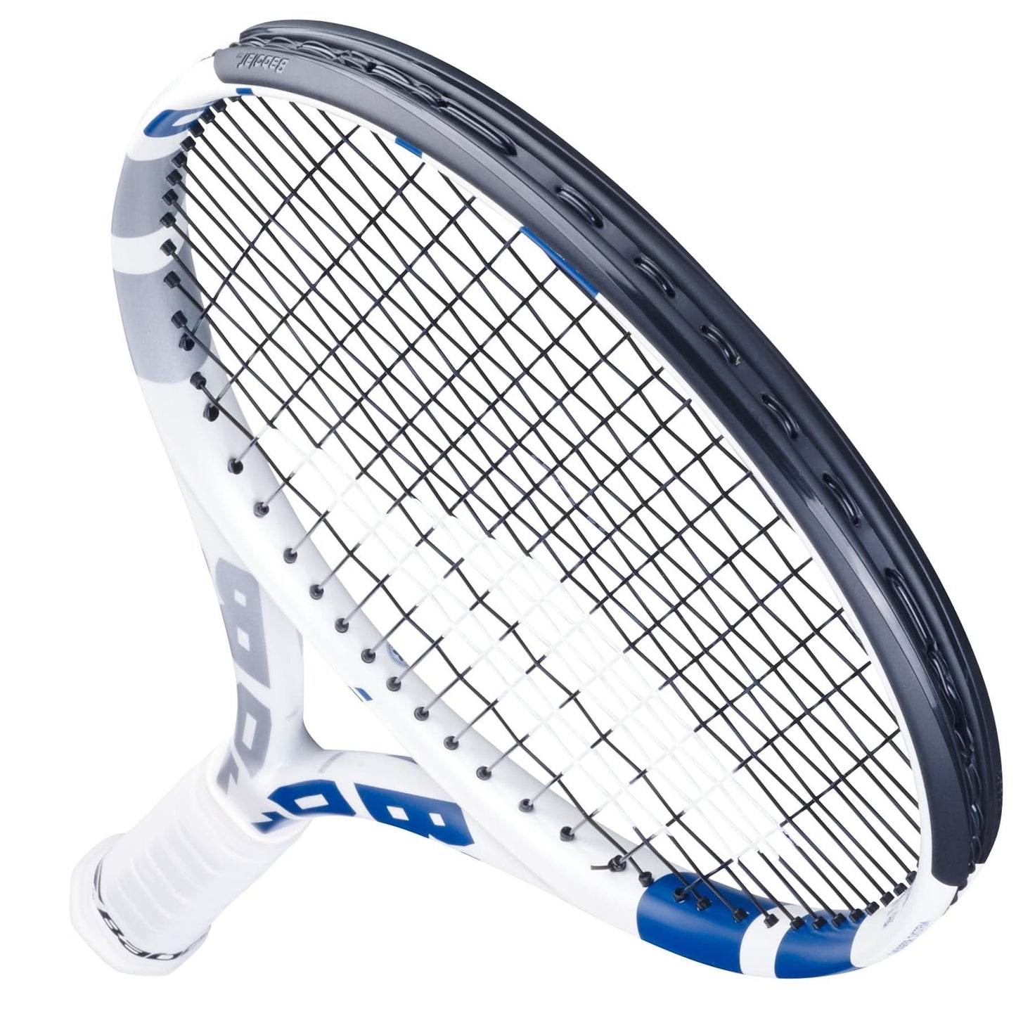 A close-up view of the Babolat Boost Wimbledon Tennis Racket - White, featuring its black strings. The perspective highlights the lightweight racket's head, showcasing its detailed string pattern and sleek design against a plain white background, ideal for beginners.