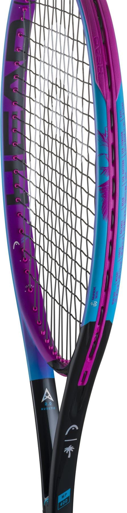 A close-up of the HEAD Radical MP Palm Tree Crew Tennis Racket shows its black, pink, and blue frame, distinct strings, and the "HEAD" brand name clearly featured along the side.