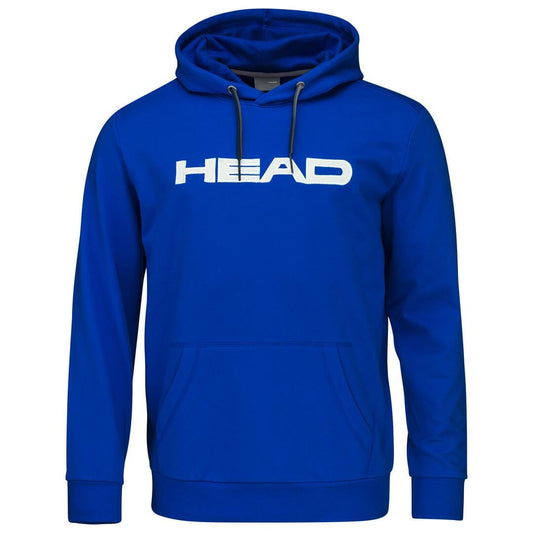 The HEAD Club Byron Men's Tennis Hoodie in Royal Blue features "HEAD" printed in white on the front, along with a drawstring hood and a front kangaroo pocket.
